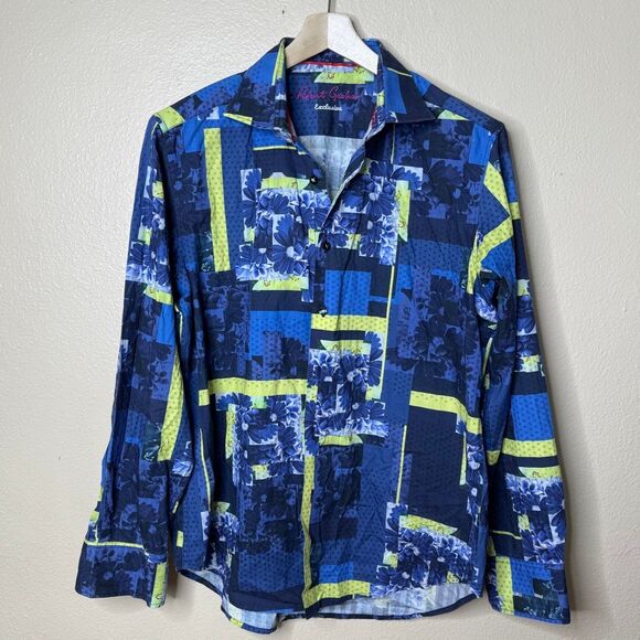 Robert Graham Exclusive Shirt Mens Large Blue Button Up Polka Dot Floral Print - Picture 1 of 8